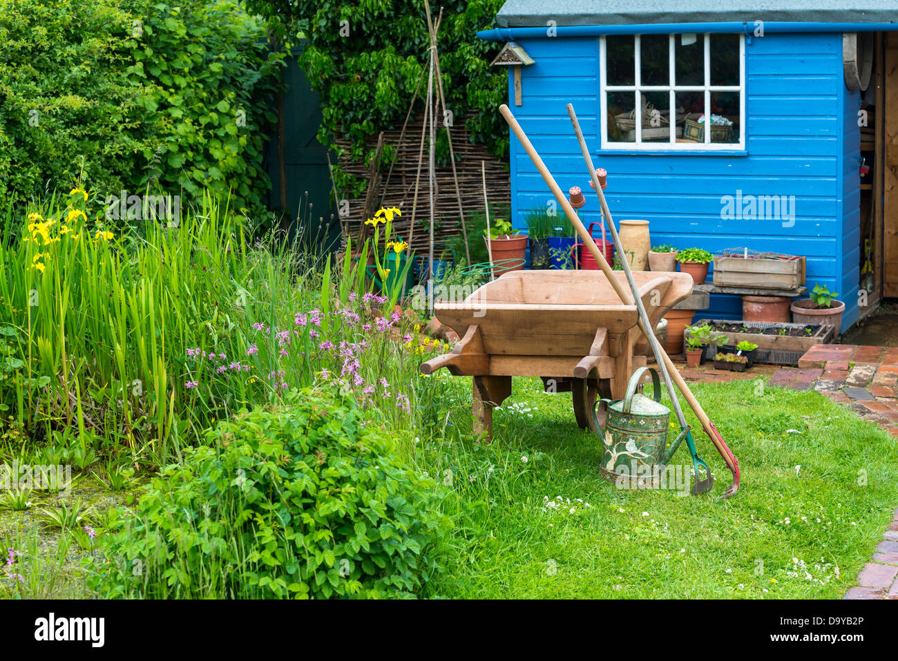 Country-Garten-Szene mit hölzernen Schubkarre, blaue Potting Shed und Wildlife-Bereich auf der linken Seite, Norfolk, England, Juni Stockfoto