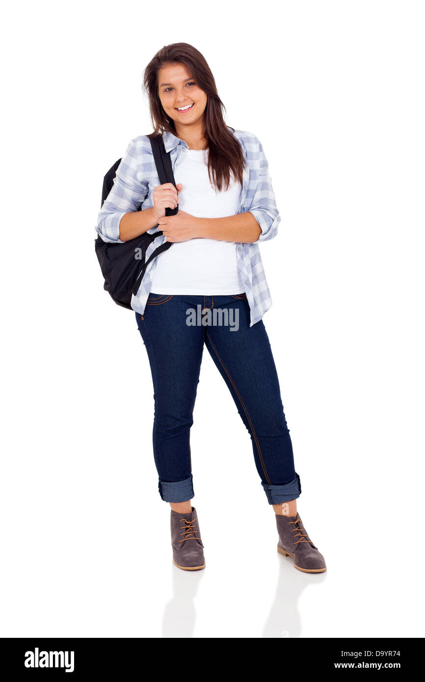 schöne Teenager-Mädchen Rucksack steht auf weißem Hintergrund Stockfoto
