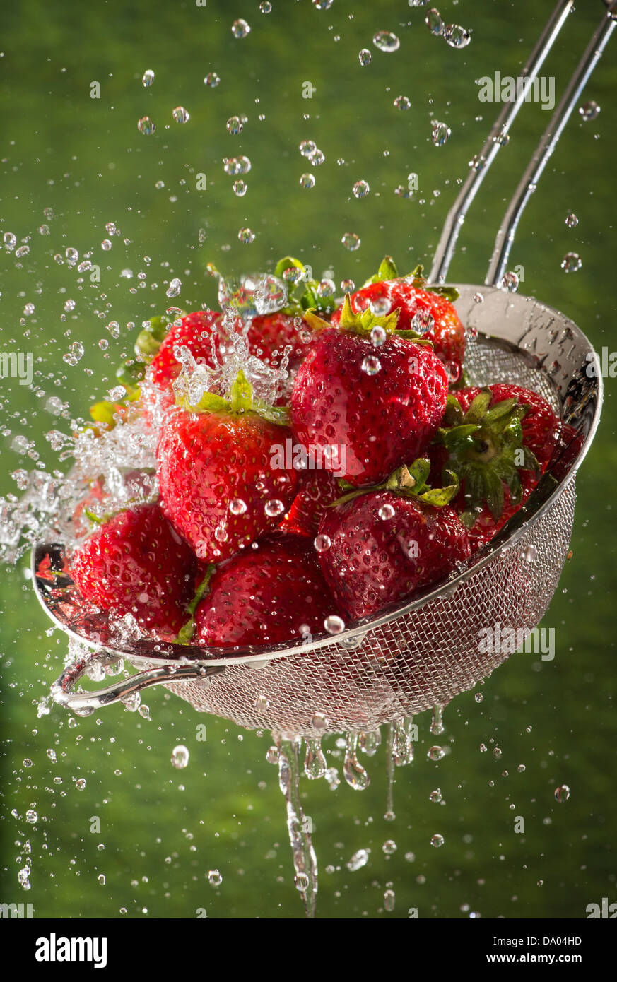 Erdbeeren waschen Sieb mit Wasser Spritzen Stockfoto