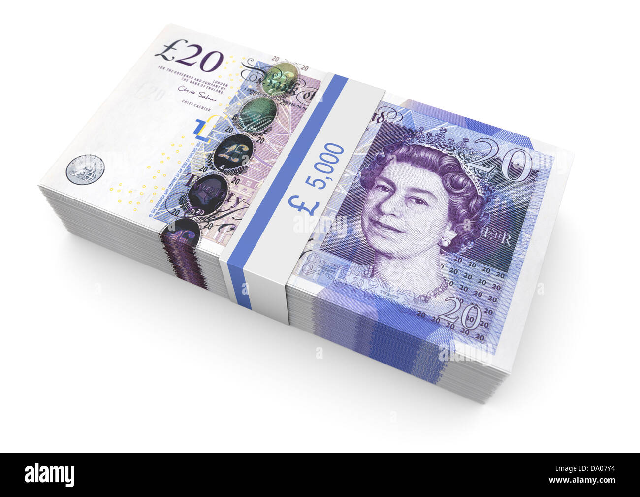 Geld £ 5000 in britischen Pfund Sterling £ 20 Hinweise auf weißem Hintergrund Stockfoto