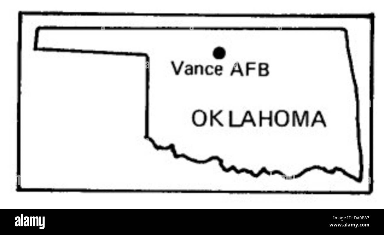 Die Vance Air Force Base in Oklahoma, die für ihre Flugübungen bekannt ist, ist auf dieser Karte zu sehen. Es unterstützt Piloten- und Navigatorschulungen für Mitarbeiter der US-Luftwaffe. Stockfoto