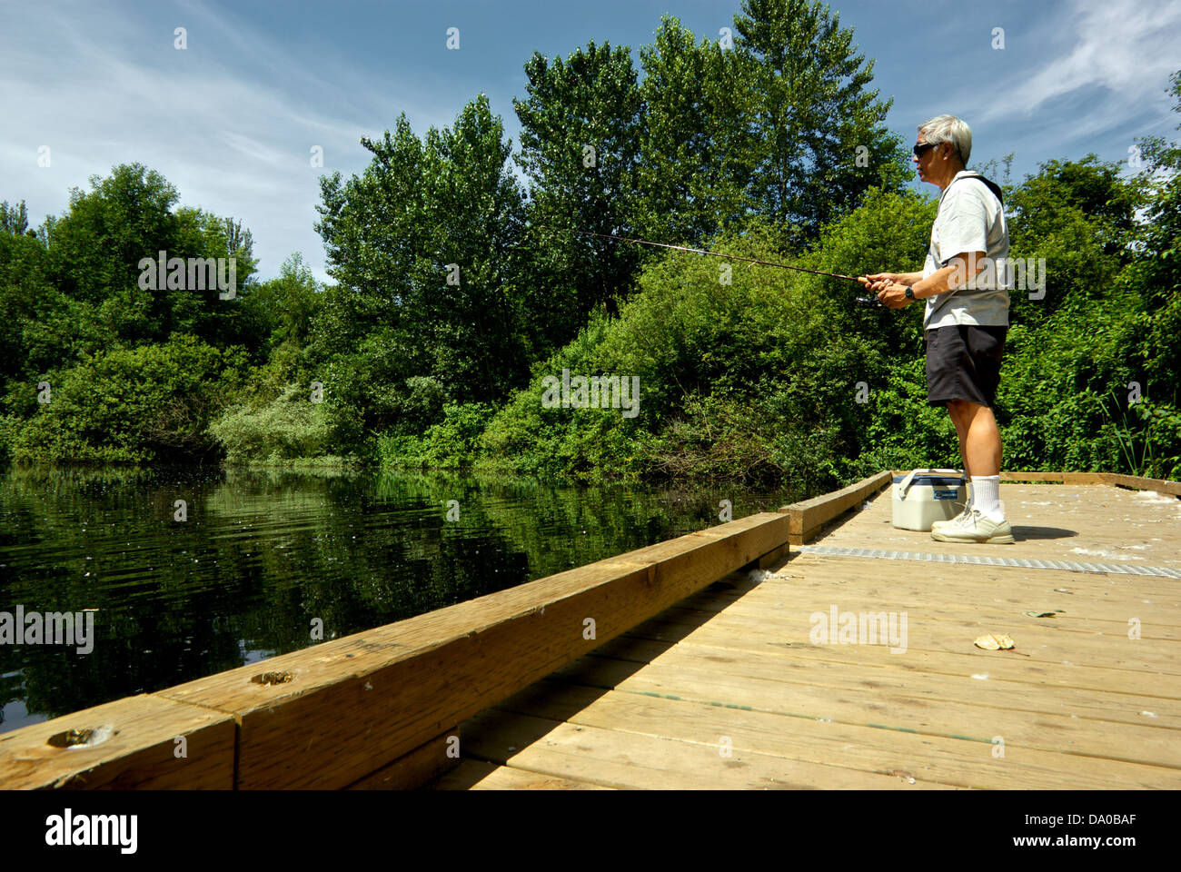 Asiatischer Mann BC Fischerei Gesellschaft Binnenfischerei in Stadt Dock Learn Fisch Programm Heiligtum Teich Hastings Park Vancouver Stockfoto