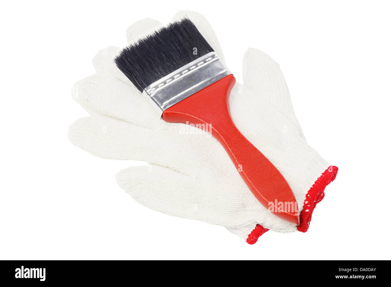 Pinsel und Baumwoll-Handschuhe auf weißem Hintergrund Stockfoto
