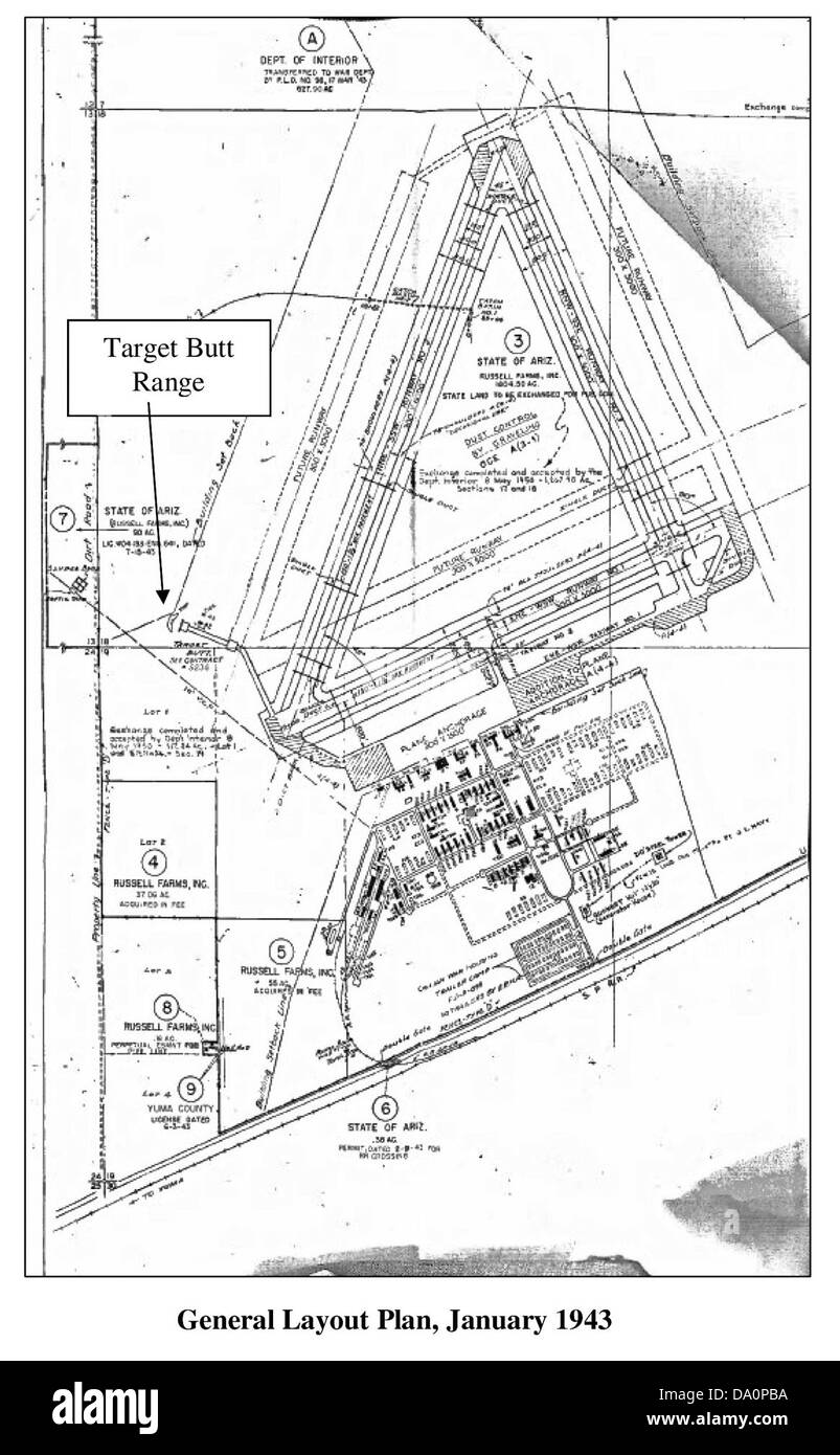 Der allgemeine Plan des Dateland Army Airfield vom Januar 1943 zeigt die strategische Anordnung der Anlagen und Landebahnen, die für militärische Operationen während des Zweiten Weltkriegs konzipiert wurden Stockfoto
