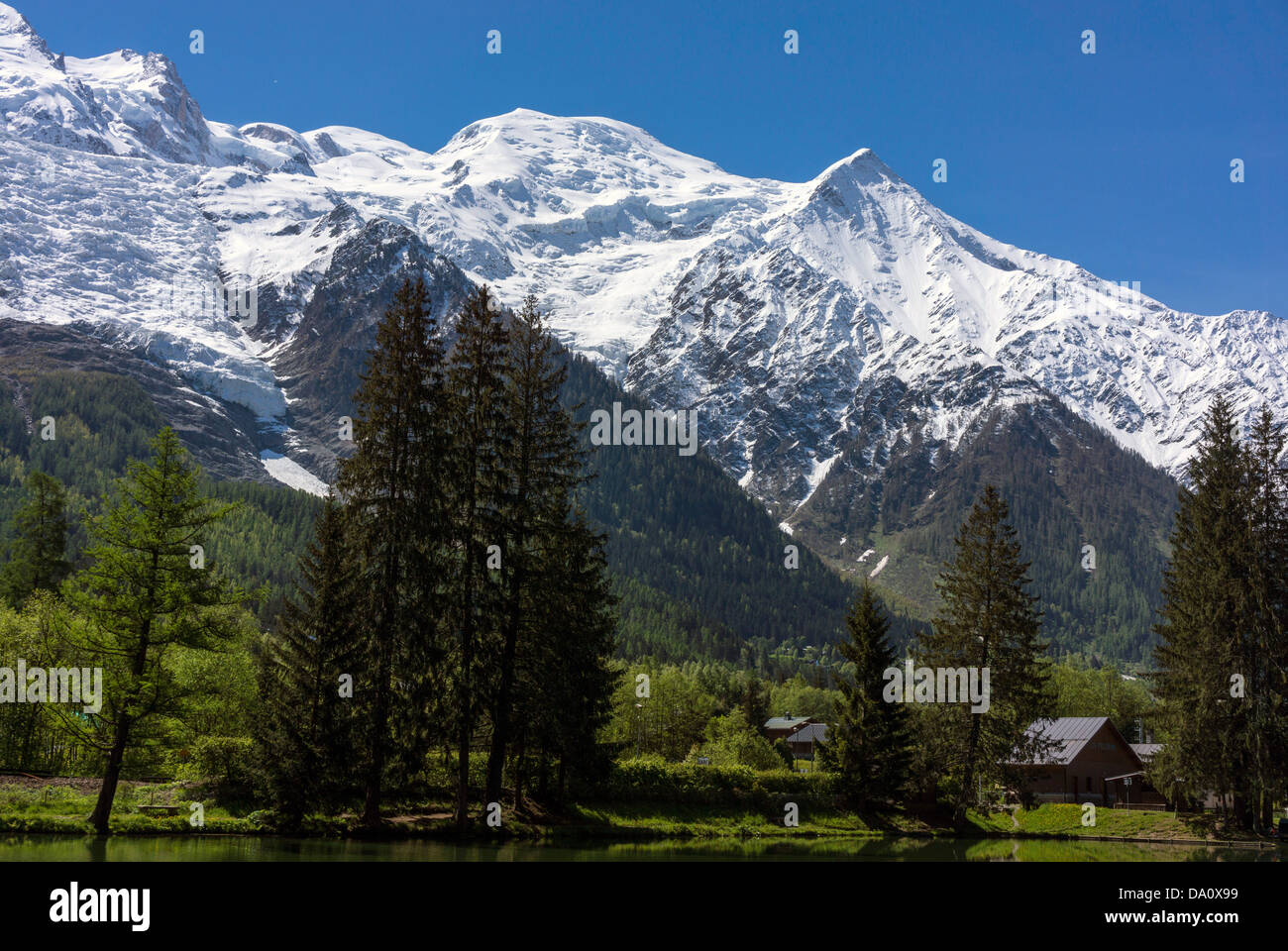 Aiguilles von Chamonix und Mont Blanc vom Lac des Gaillands, Chamonix, Frankreich Stockfoto