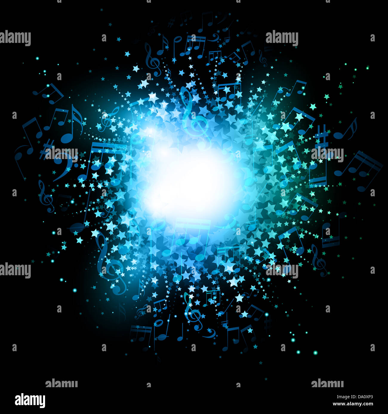 Abstrakte Hintergrundmusik Noten mit einem Sterne-Burst-Effekt Stockfoto