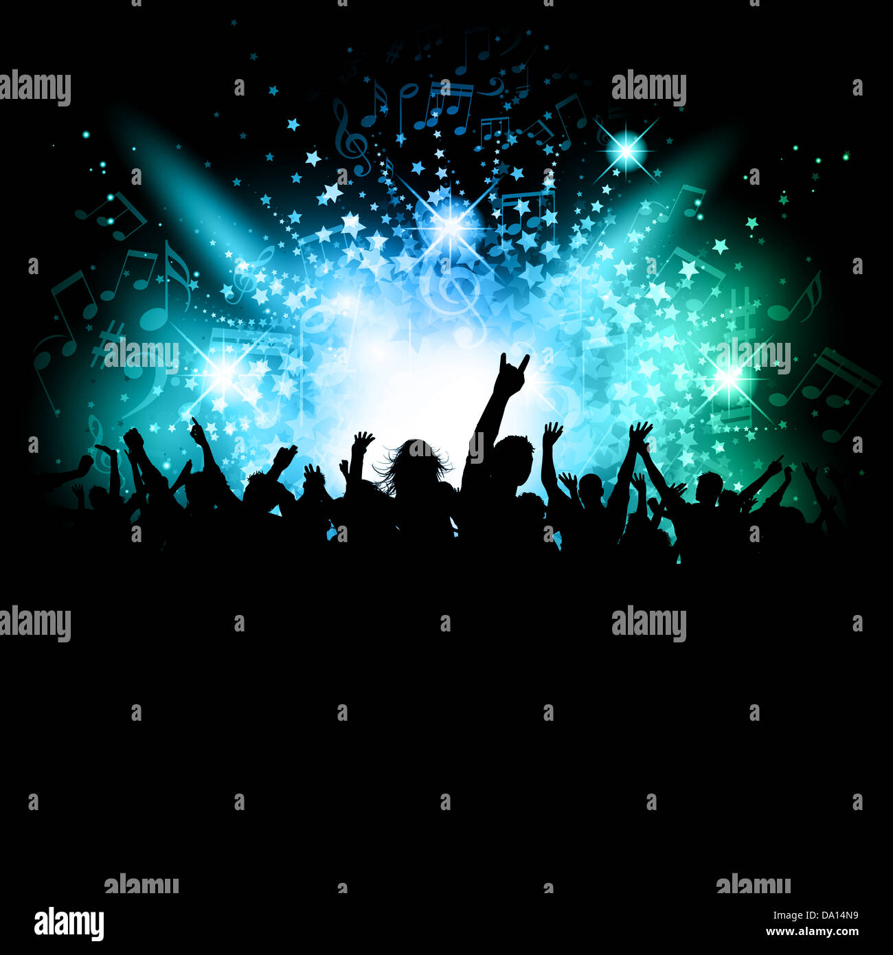 Silhouette einer erregten Menge auf einer Musik stellt Hintergrund Stockfoto