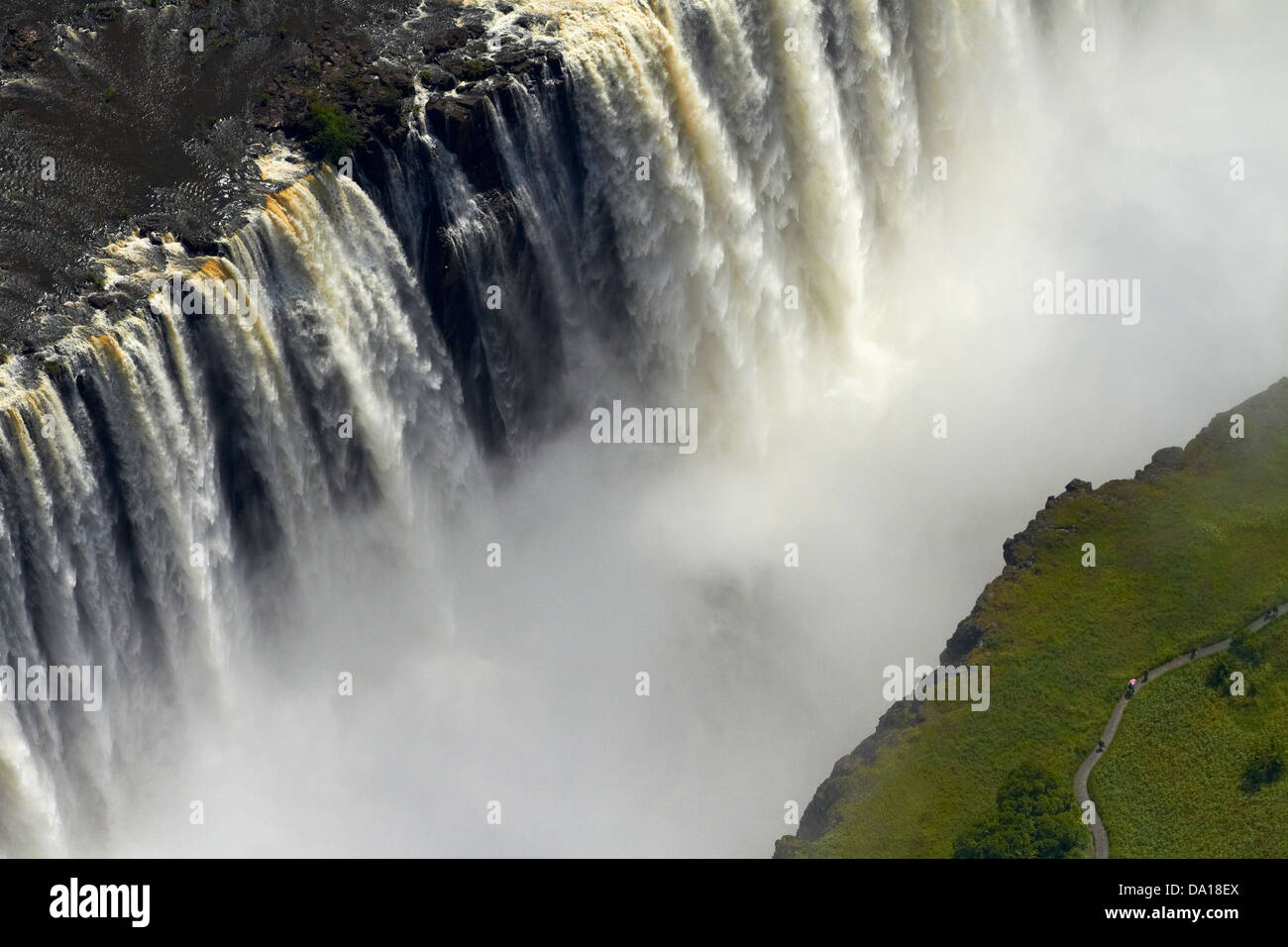Touristen auf Pfad anzeigen von Victoria Falls oder "Mosi-Oa-Tunya" (der Rauch, der donnert) und Sambesi, Simbabwe / Sambia Stockfoto