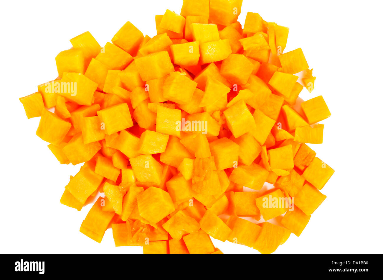 Orange Kürbis Blöcke auf weißem Hintergrund Stockfoto