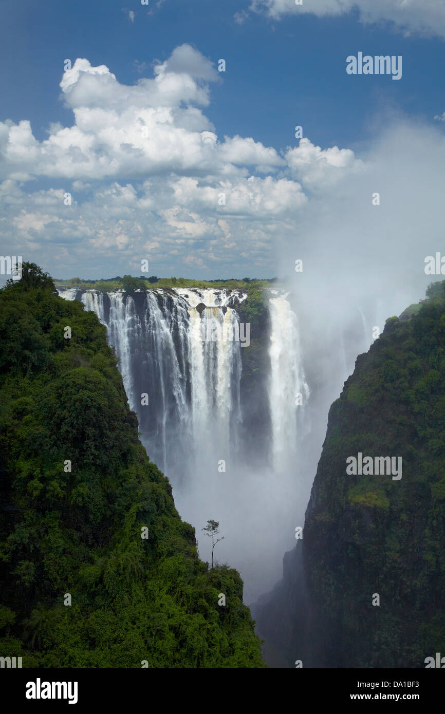 Victoria Falls oder "Mosi-Oa-Tunya" (der Rauch, der donnert) und Sambesi, Simbabwe / Sambia Grenze, Südliches Afrika Stockfoto