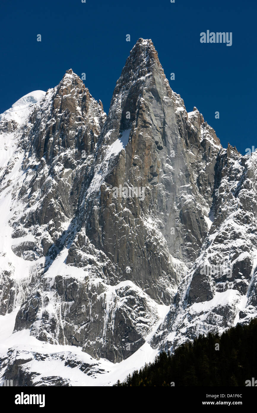 Der Rock-Turm der Aiguille du Dru, Chamonix Mont-Blanc, France, Les Drus Stockfoto