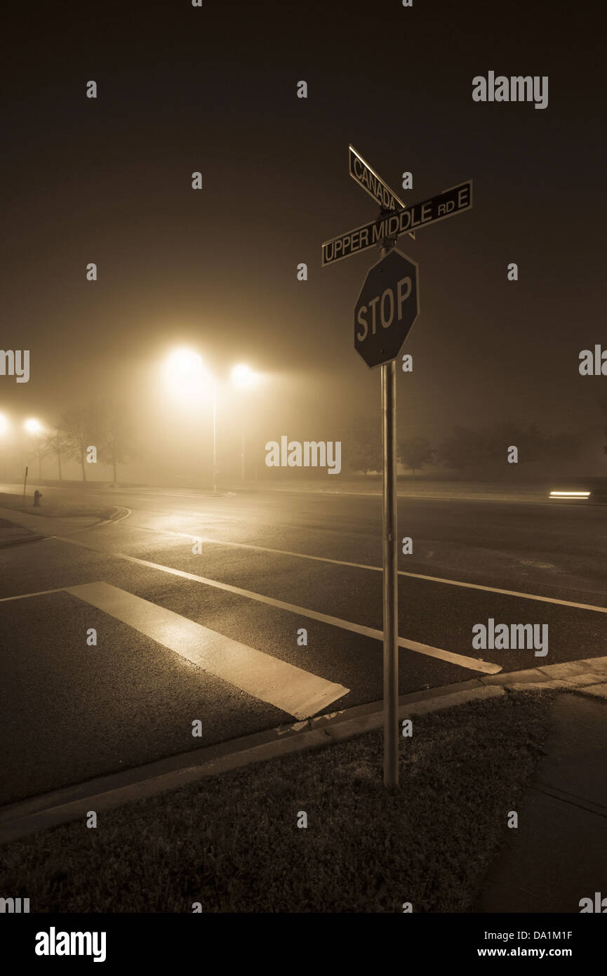 Stop-Schild am Scheideweg von Straßenlaternen in der Nacht beleuchtet. Stockfoto