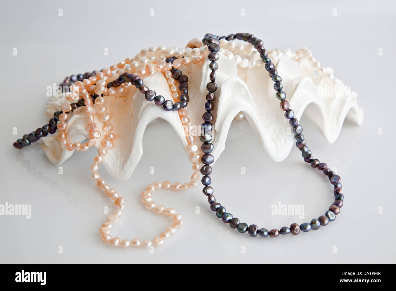 Muschel mit rosa und blauen Perlen verziert Stockfoto