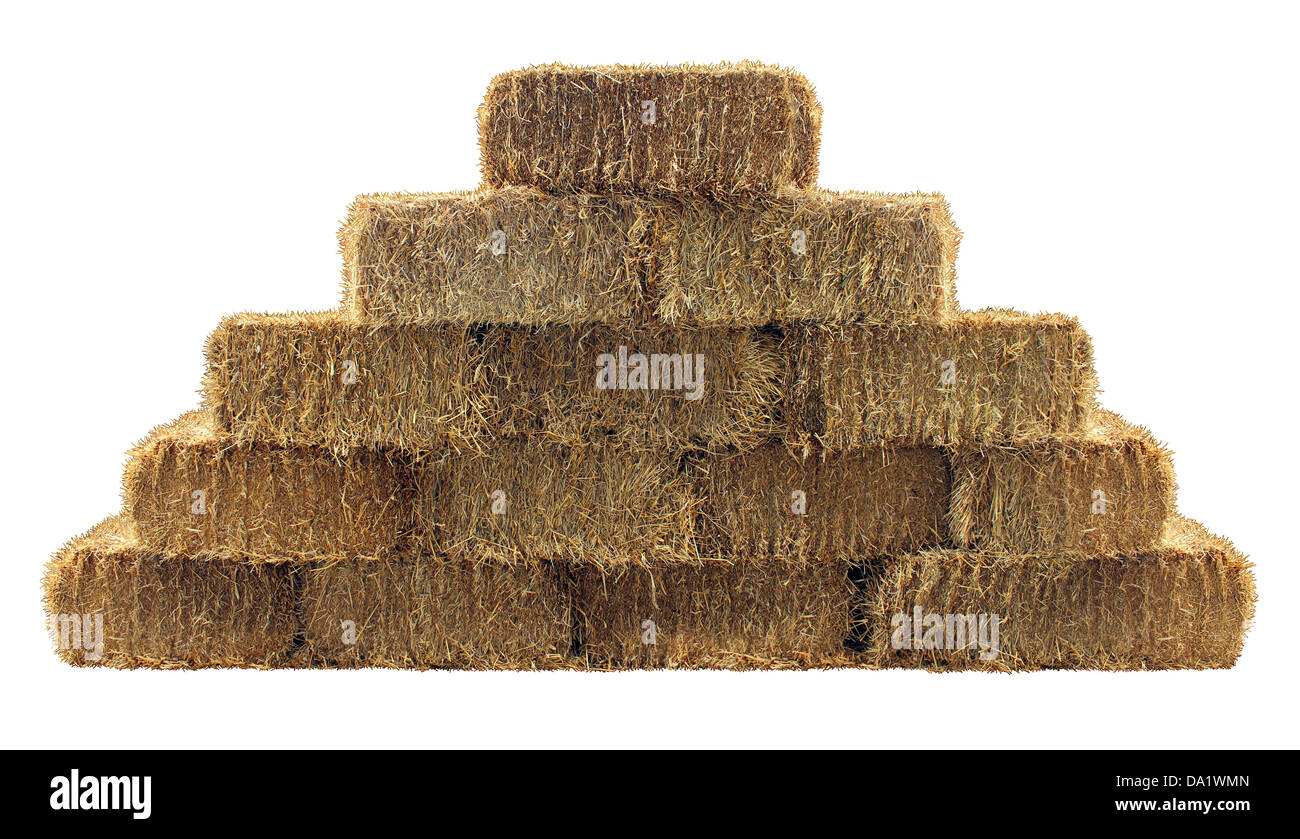 Ballen Sie Heu-Gruppe in einer Pyramide Wand Muster isoliert auf einem weißen Hintergrund als ein Landleben Design-Element und Landwirtschaft Bauernhof und Landwirtschaft Symbol der Erntezeit mit getrocknetem Rasen Stroh gebündelt Heuhaufen gebunden. Stockfoto