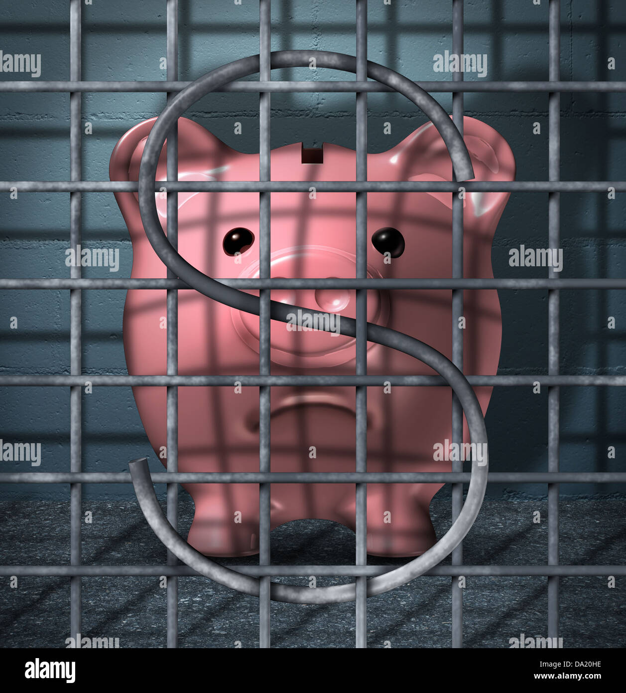 Finanzielle Kriminalität und Wertpapiere Betrug Geschäftskonzept mit einem Sparschwein-Charakter in einer Gefängniszelle Gefängnis mit einem Dollarzeichen in den Metall-Käfig-Bars als Symbol der Gerechtigkeit für kriminelle Finanzen Aktivität. Stockfoto