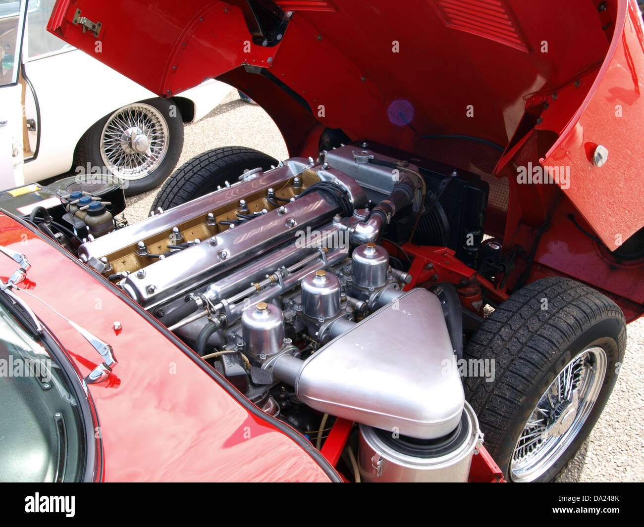 Der Jaguar E-Type 1961, der 2010 auf dem Nationaal Oldtimer Festival in Zandvoort vorgestellt wurde, steht für klassisches britisches Automobildesign und -Leistung. Stockfoto