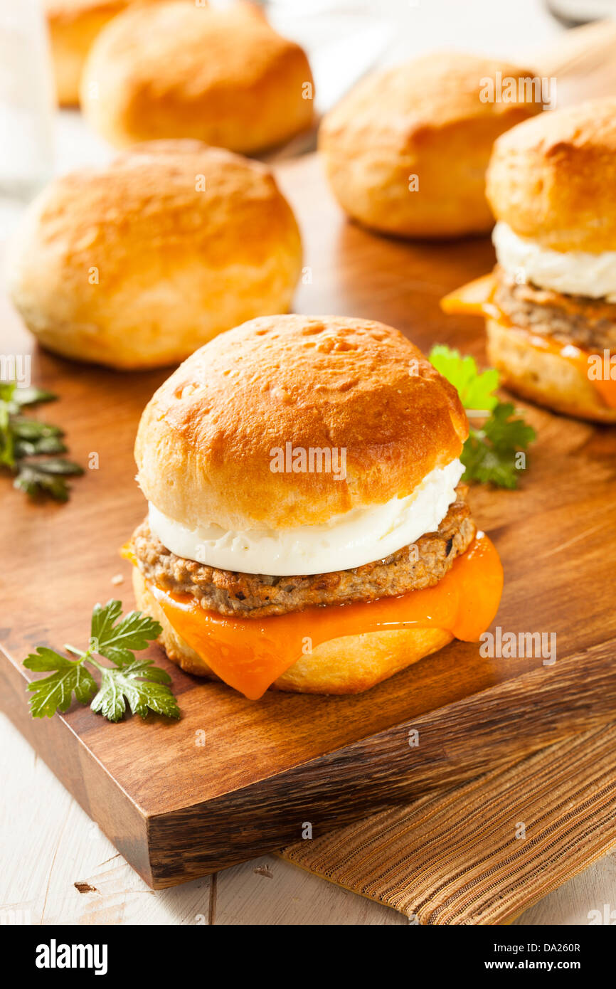 Hausgemachte Ei-Sandwich mit Wurst und Käse auf einer Rolle Stockfoto