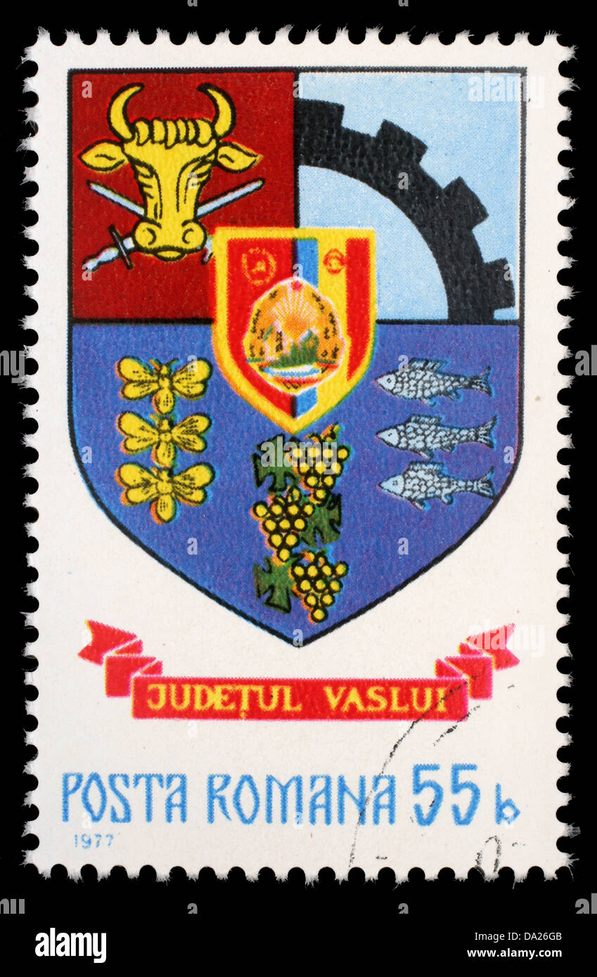 Rumänien - CIRCA 1977: Eine Briefmarke gedruckt in Rumänien zeigt Wappen von Vaslui County, circa 1977 Stockfoto