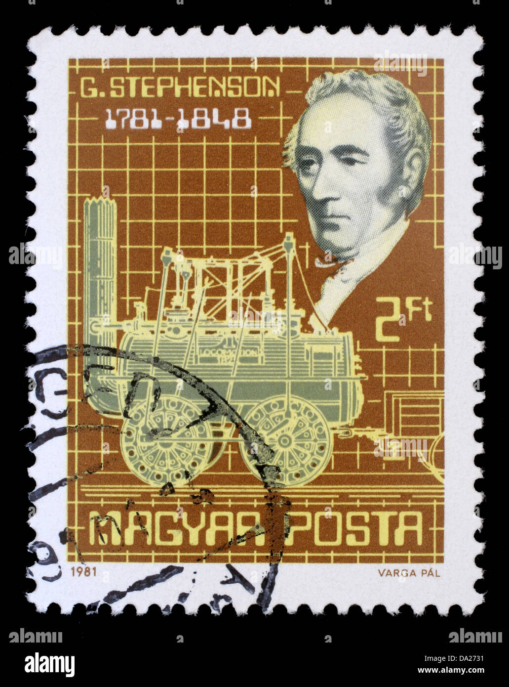 Ungarn - ca. 1981: Briefmarke gedruckt von Ungarn, zeigt, dass George Stephenson und seinem-Lokomotive, ca. 1981 Dampf Stockfoto