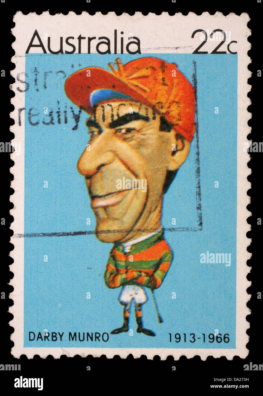 Australien - ca. 1981: Eine Briefmarke gedruckt in Australien zeigt australische Sportler Jockey Darby Munro (1913 – 1966), ca. 1981 Stockfoto