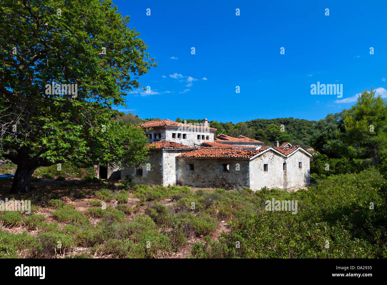 Rustikale Landschaft am Tsougria Insel in der Nähe von Skiathos in Griechenland Stockfoto