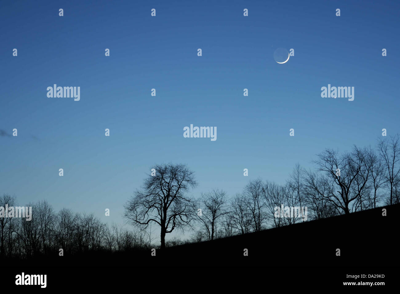 Sonnenuntergang Sonnenaufgang Halbmond Mond Sterne Sterne Berg Berge Baum Baume Himmel Nacht Vertikale Kontur Stockfotografie Alamy