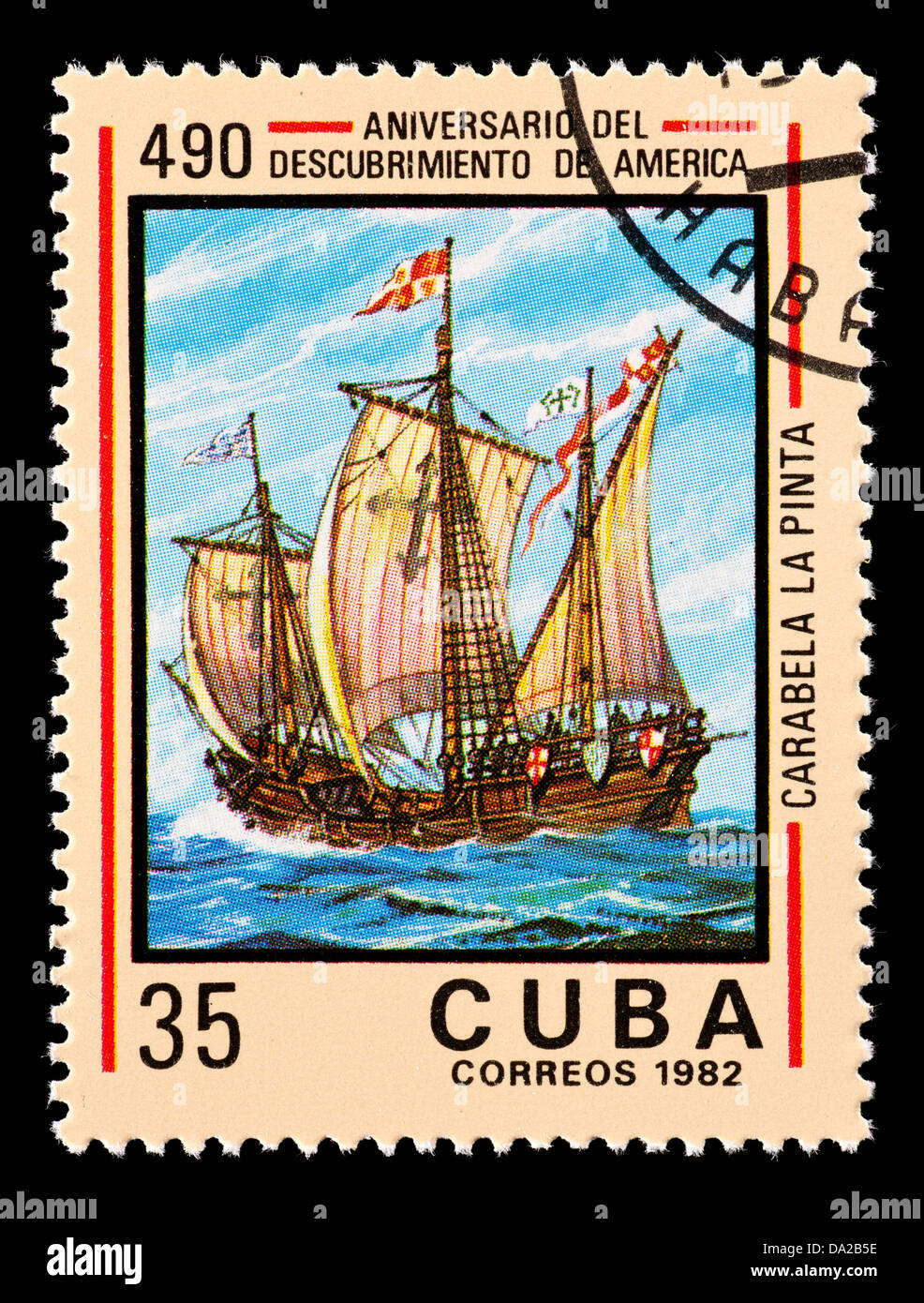 Briefmarke aus Kuba, die Darstellung der Pinta. eines der Schiffe des Kolumbus auf seiner Reise von 1492. Stockfoto