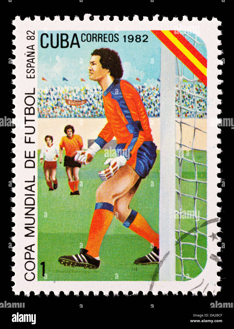 Briefmarke aus Kuba abbildenden Fußball (Fußball) Spieler, für die WM 1982 in Spanien ausgestellt. Stockfoto