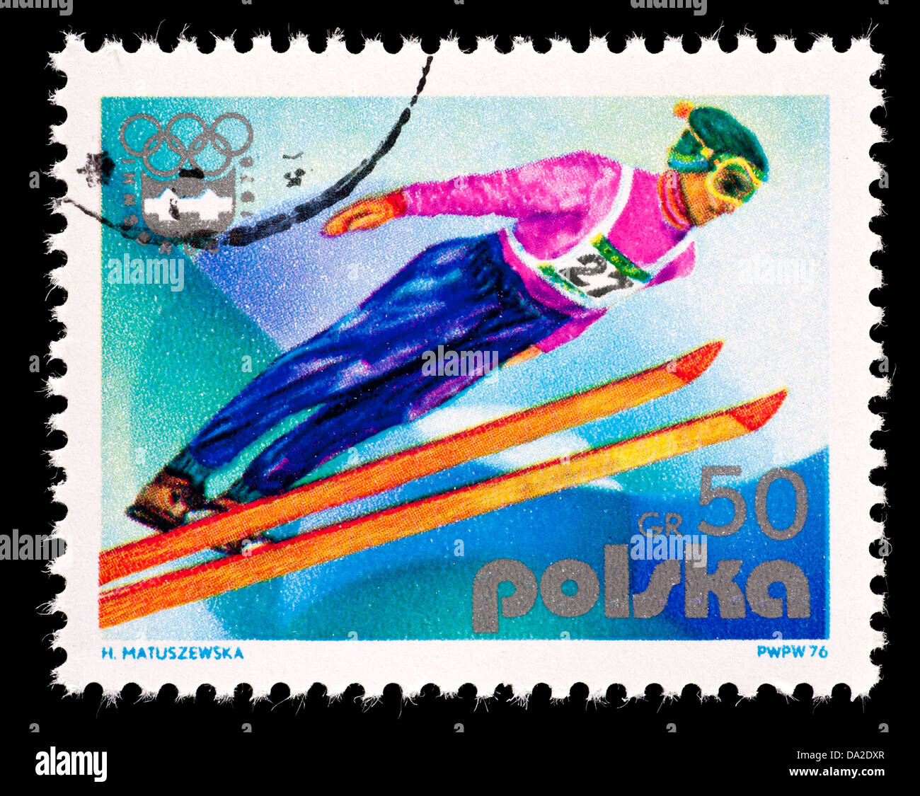 Briefmarke aus Polen Darstellung einen Skispringer. Stockfoto