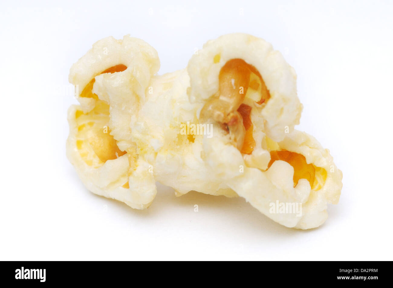 Ein Schuss von einem Kernel Popcorn auf weißem Hintergrund. Stockfoto