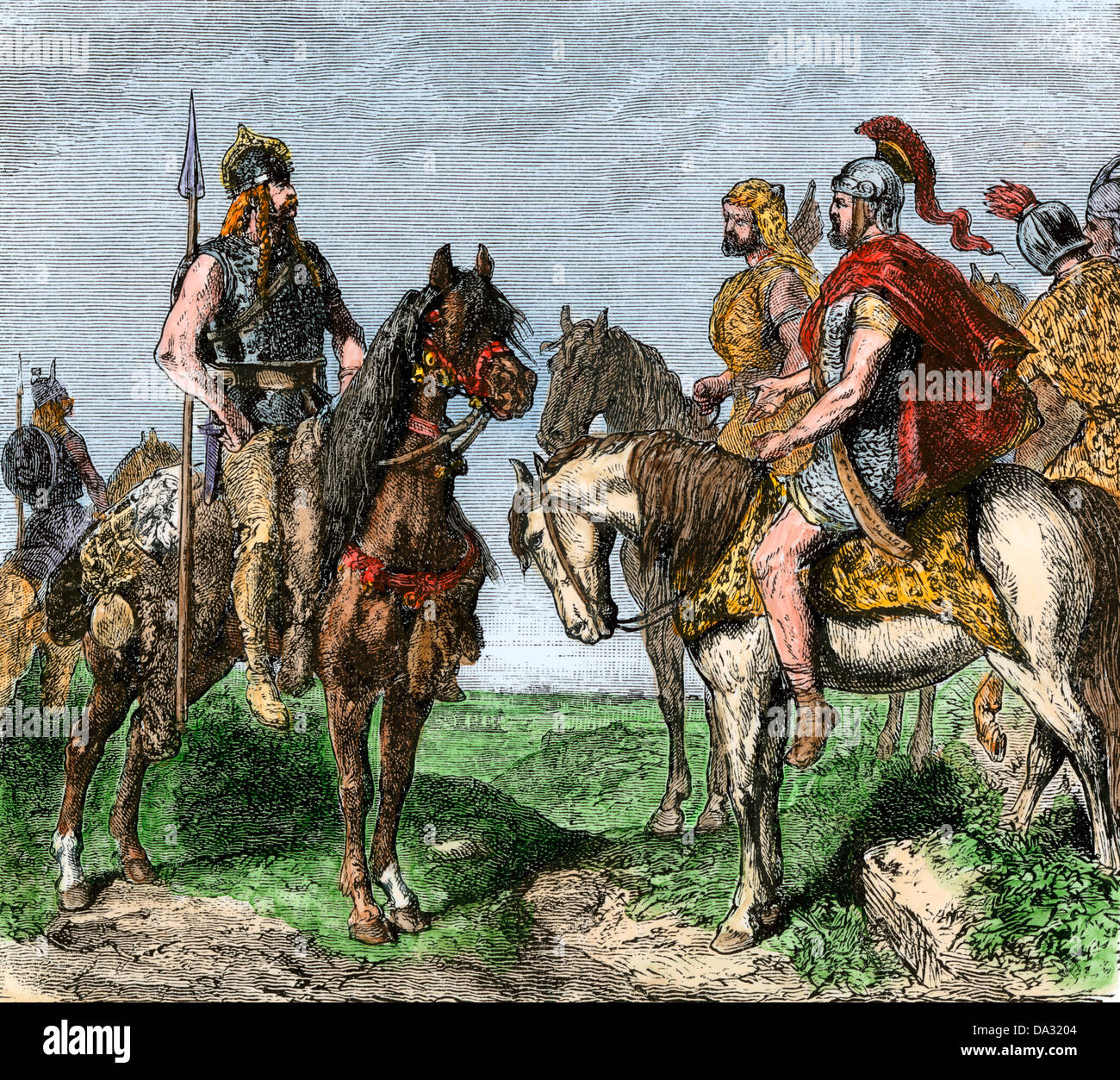 Gallier verweigern mit Hannibals Armee gegen Rom zu verbünden, 218 v. Chr.. Hand - farbige Holzschnitt Stockfoto