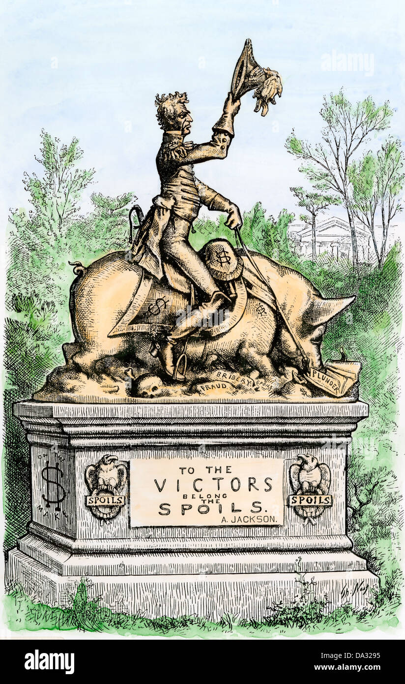 Dem Sieger gehört die Beute, eine Satire auf den öffentlichen Dienst, Andrew Jackson Statue, ein Schwein, 1877. Hand - farbige Holzschnitt Stockfoto
