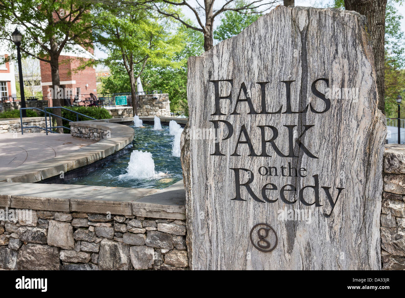 Falls Park auf dem schilfige Ortseingangsschild, Greenville, SC, USA Stockfoto