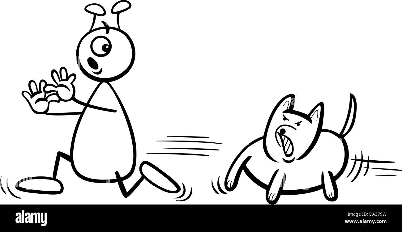 Schwarz / Weiß Cartoon Illustration lustig Alien oder Mars Comic Charakter Running Away Form Hund Coloring Book Stockfoto