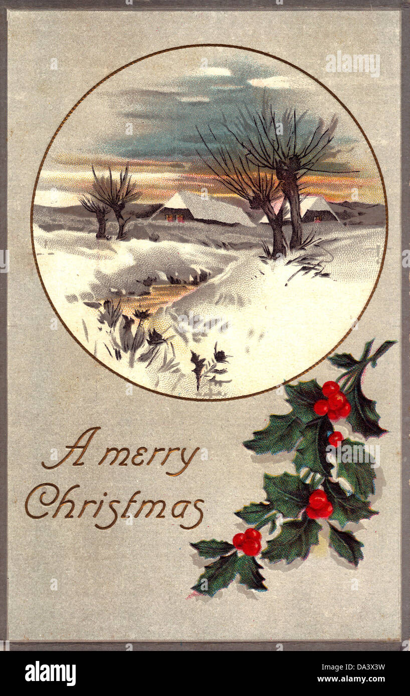 Ein frohes Weihnachtsfest - Vintage Karte mit Winter-Szene und holly Stockfoto