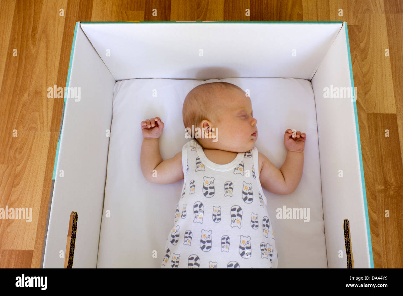 Ein Baby, das Schlafen in einem finnischen Baby Box, die Regierung zu den Eltern in Finnland gegeben hat Stockfoto