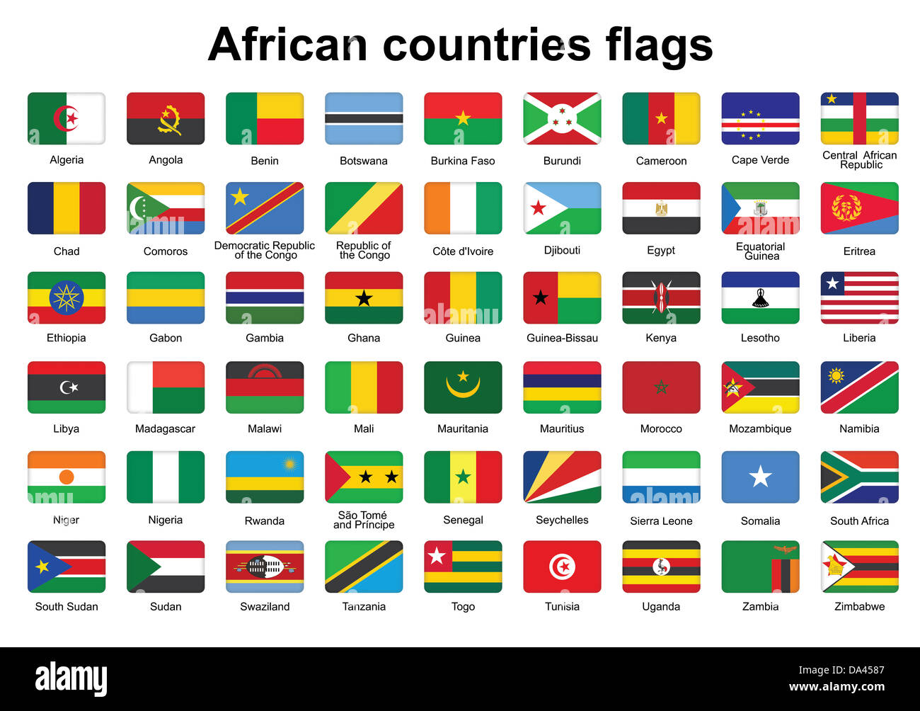 Satz von afrikanischen Länder Flagge Buttons mit abgerundeten Ecken Stockfoto