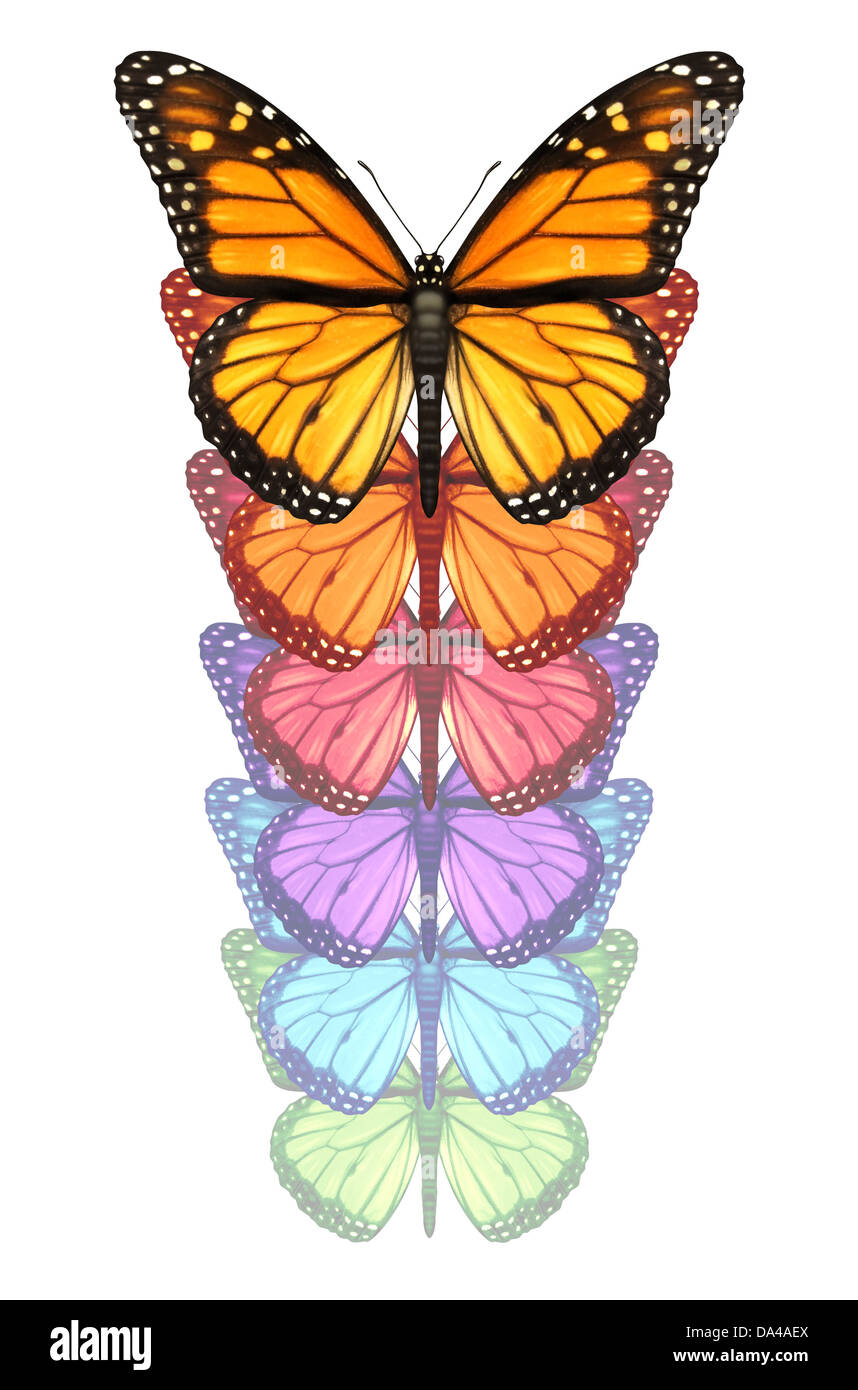 Breiten Sie Ihre Flügel und die Flucht mit einem Monarch-Schmetterling fliegen nach oben verändert und gehen durch eine Farbtransformation als ein conce Stockfoto