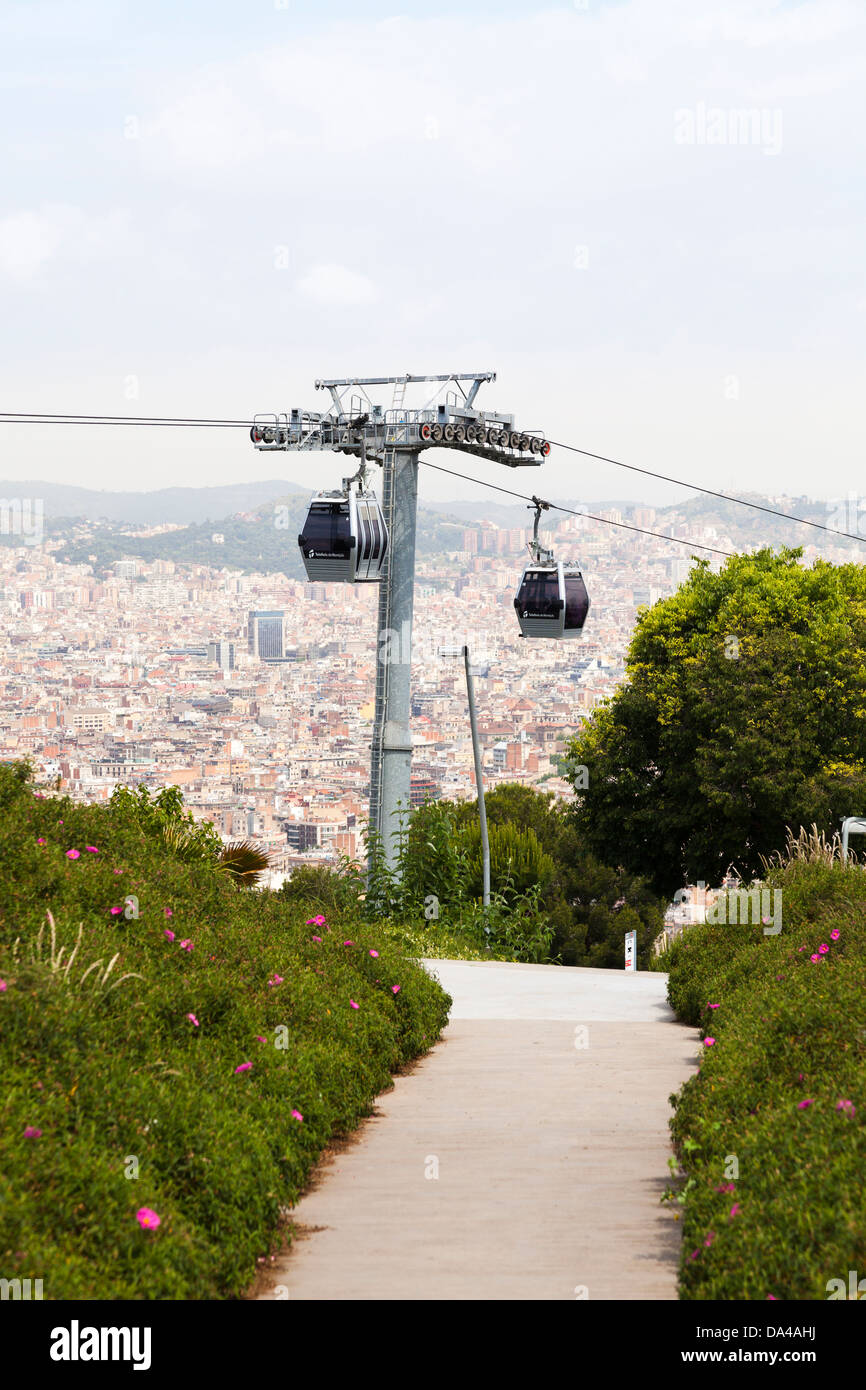 Montjuic Seilbahn Turm Barcelona panorama Stockfoto