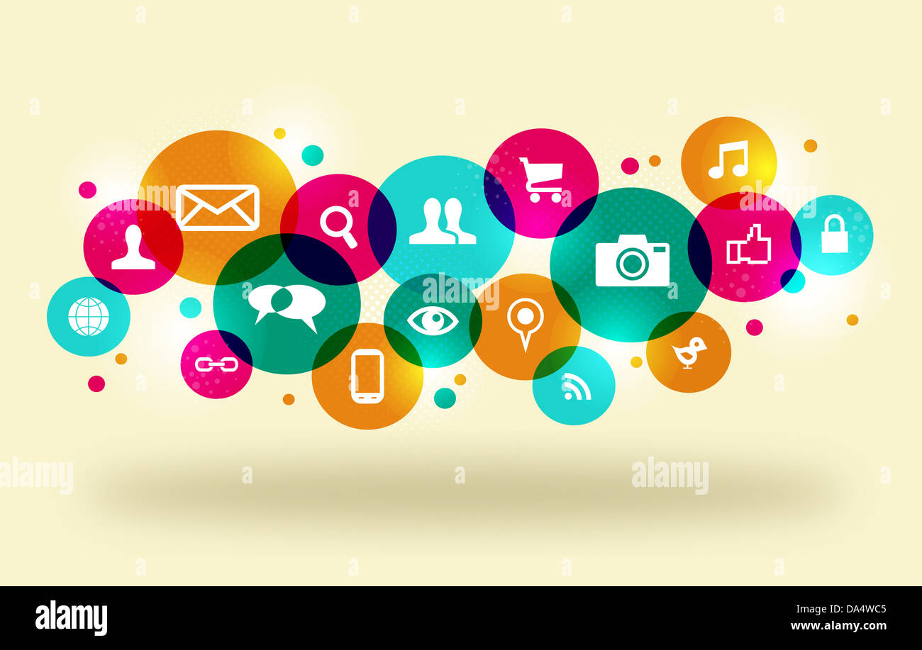 Social Media-Symbole im bunten Kreis Layout festlegen. EPS10 Dateiversion. Diese Darstellung enthält Folien und ist für einfache Handhabung und individuelle Färbung geschichtet. Stockfoto
