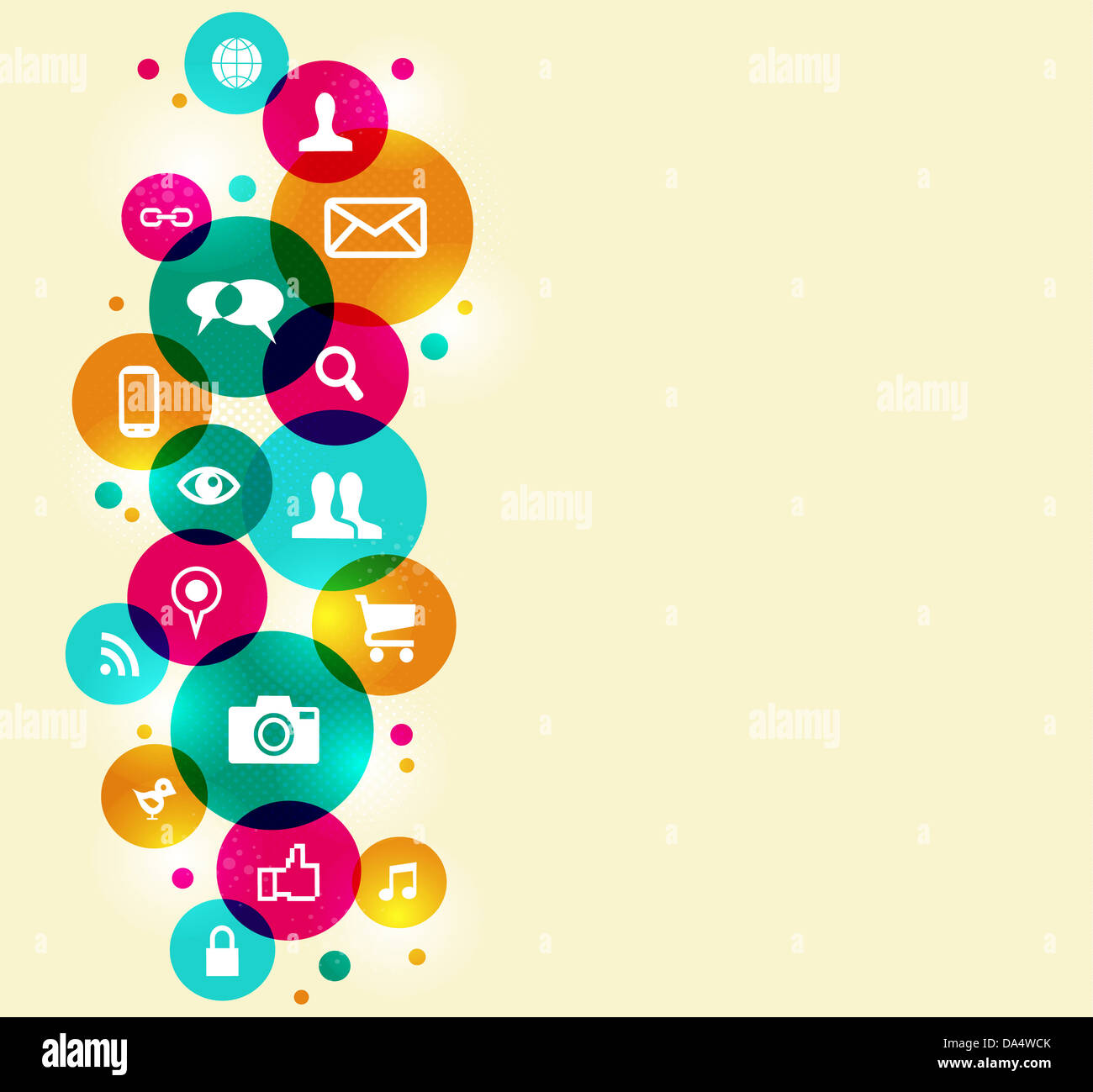 Social Media-Symbole im bunten Kreis Hintergrund gesetzt. EPS10 Dateiversion. Diese Darstellung enthält Folien und ist für einfache Handhabung und individuelle Färbung geschichtet. Stockfoto
