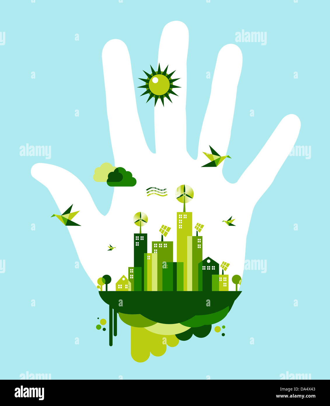 Menschen Hand und grüne Stadt am blauen Himmelshintergrund. Umweltschutz-Konzept-Darstellung. Stockfoto