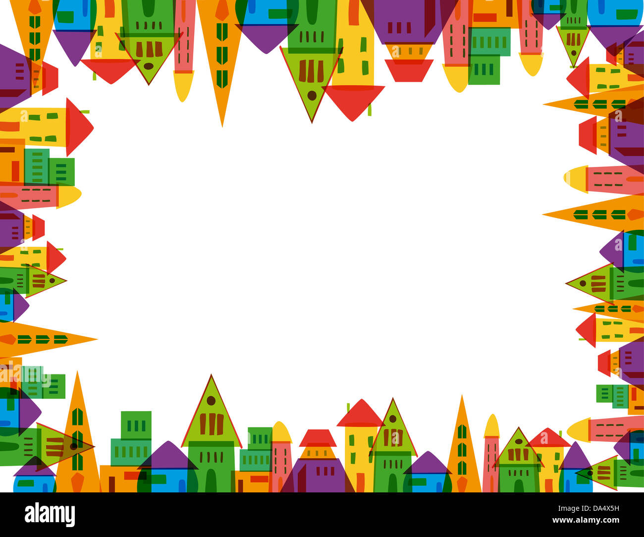 Bunte Süße Stadt Frame auf weißem Hintergrund. Vektor-Datei geschichtet für einfache Handhabung und individuelle Farbgebung. Stockfoto
