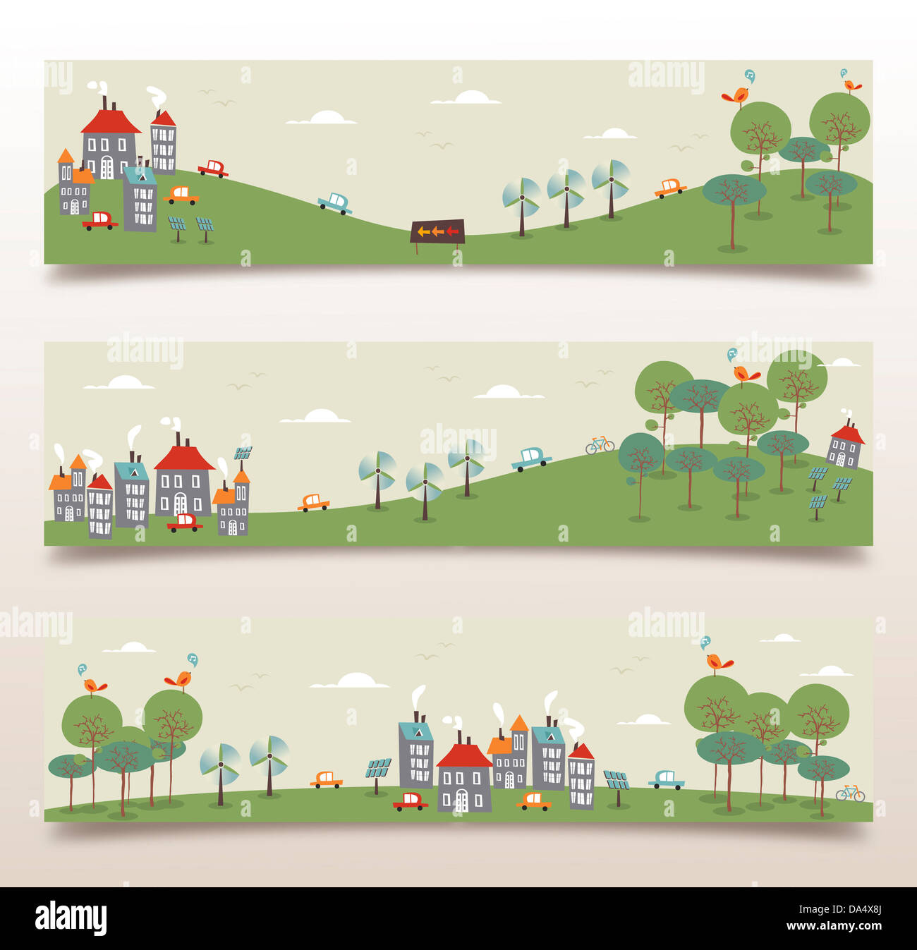 Ökologie Stadt und Wald Idee Banner-Set. Vektor-Illustration für einfache Handhabung und individuelle Färbung geschichtet. Stockfoto