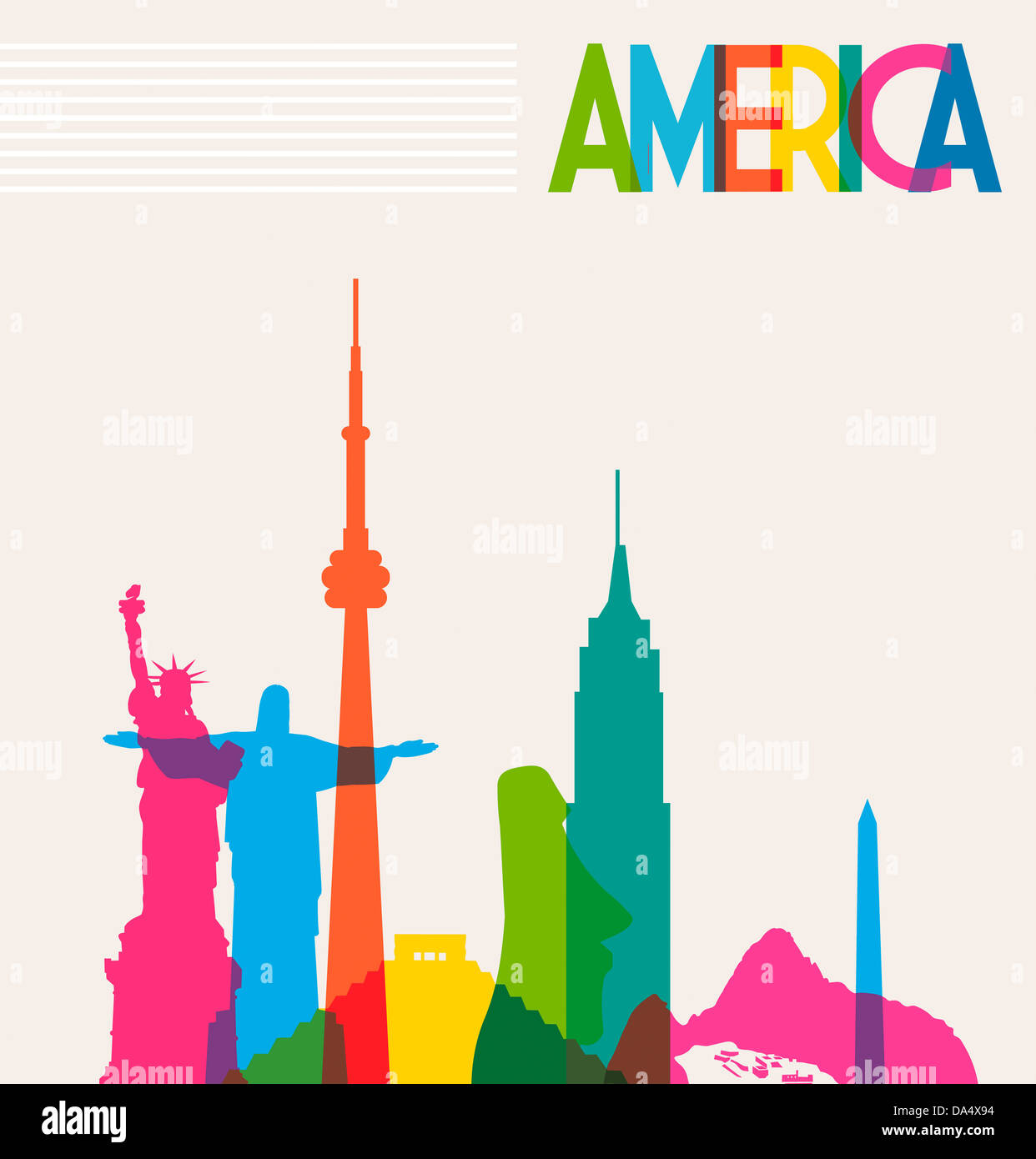 Vielfalt Denkmäler aus Amerika, berühmte Skyline Farben Transparenz. Vektor-Illustration für einfache Handhabung und individuelle Färbung geschichtet. Stockfoto
