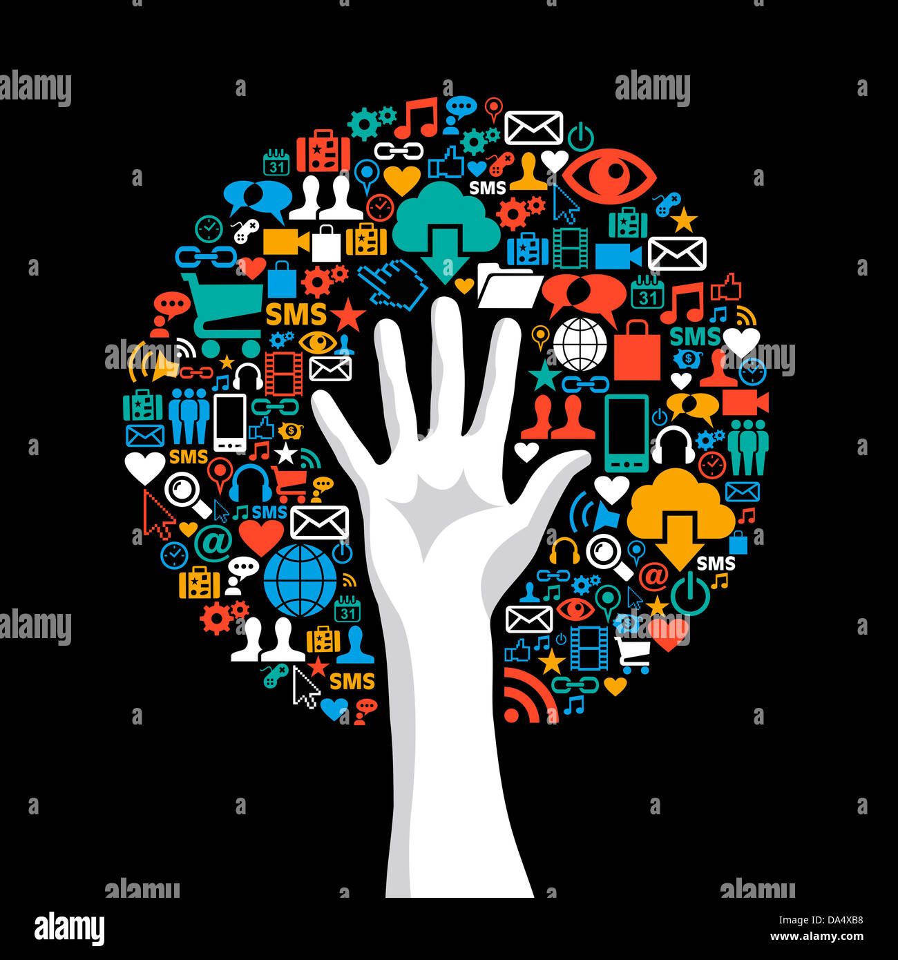 Globale Technologie Kommunikation Konzept Hand Baum Symbole festgelegt. Vektor-Illustration für einfache Handhabung und individuelle Färbung geschichtet. Stockfoto