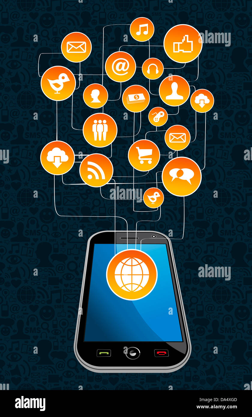 Social Media Netzwerk mit Icon set-Diagramm und Smartphone. Vektor-Illustration für einfache Handhabung und individuelle Färbung geschichtet. Stockfoto