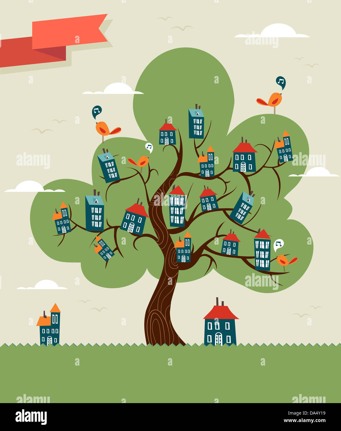 Ungewöhnliche konzeptionelle Heimat Baum Stadt. Vektor-Illustration für einfache Handhabung und individuelle Färbung geschichtet. Stockfoto