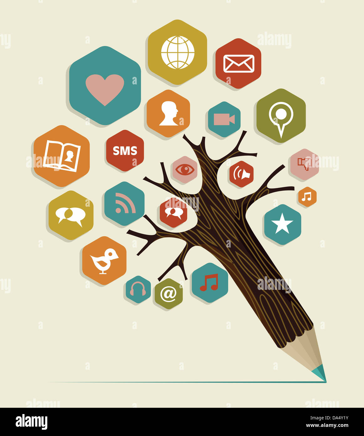 Multimedia-soziale Netzwerke Konzept Bleistift Baum. Vektor-Illustration für einfache Handhabung und individuelle Färbung geschichtet. Stockfoto