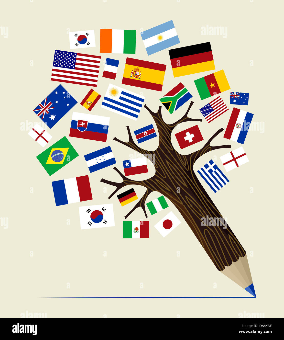 Globale Länder Konzeptdesign Bleistift Baum. Vektor-Illustration für einfache Handhabung und individuelle Färbung geschichtet. Stockfoto